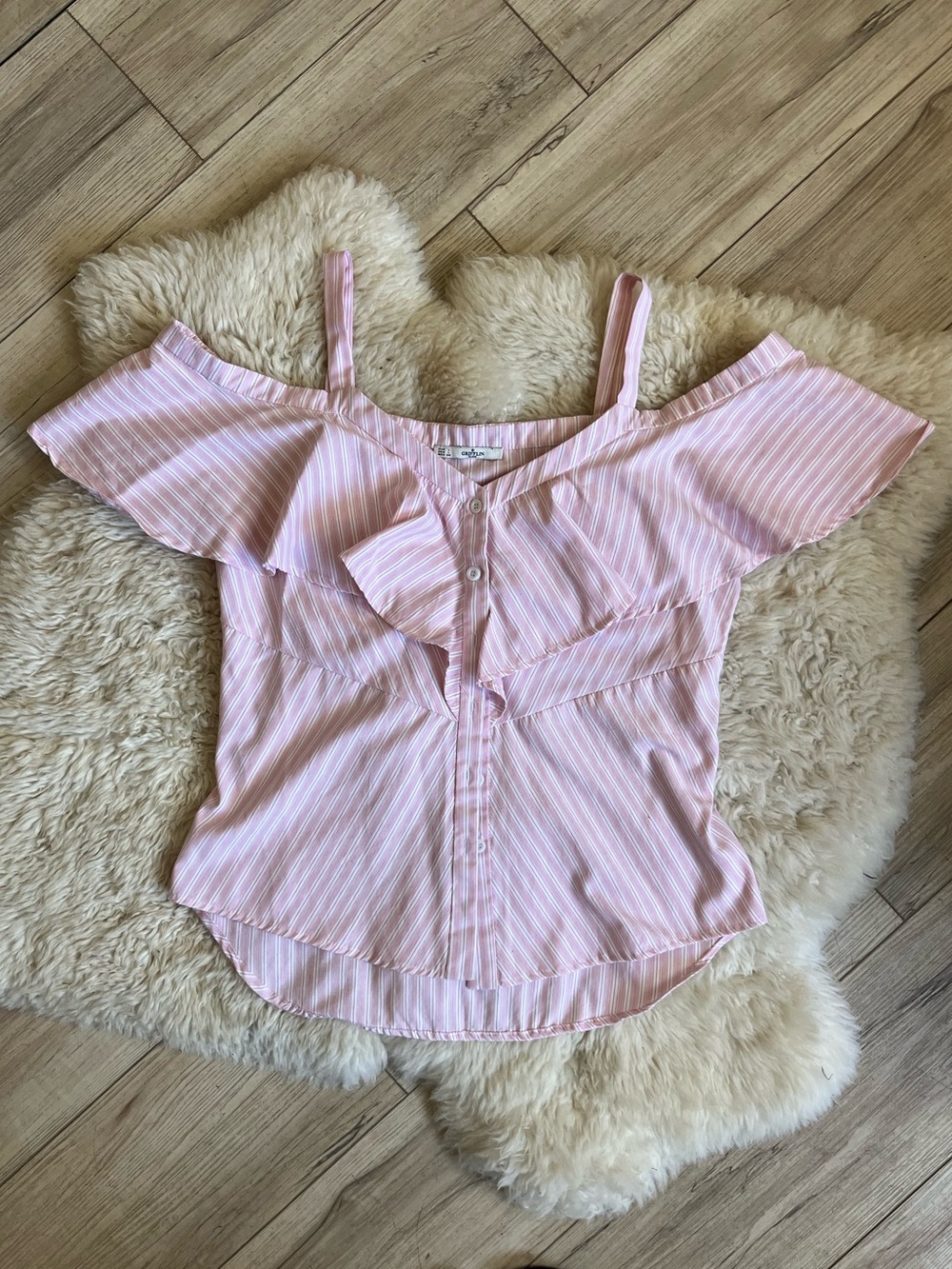 Striped Pink Ruffle Off-Shoulder Blouse - Picture 1 of 2